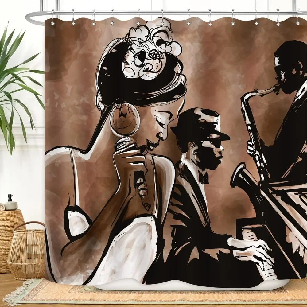 Jazz Shower Curtain Black Girl Singing Afrocentric, 72x72 Inch Plastic Hooks 12